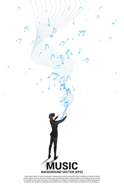 Vector vector silhouette of conductor standing with flying music note concept background for orchestra concert and recreation