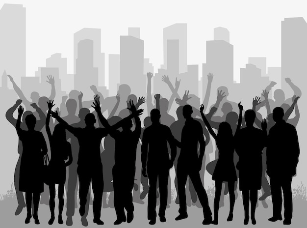 Vector silhouette of a crowd of people on a city\
background