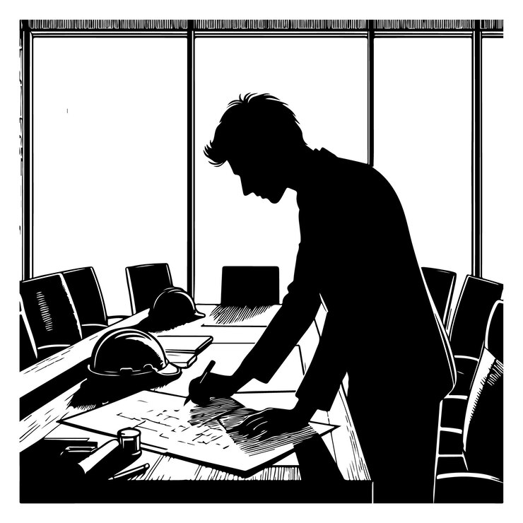 Vector vector silhouette of an engineer reviewing project plans in a conference room with thick outline si