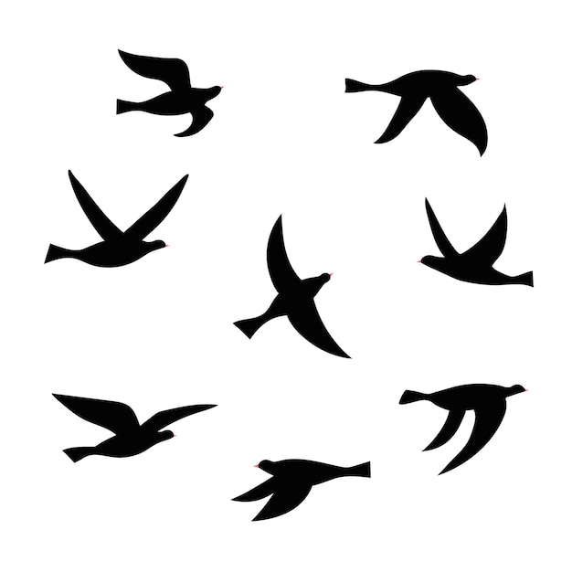 Vector silhouette of a flock of birds. Set of black isolated flat contours of flying birds. Design element for logo, print, card, flyer, fabric, poster.