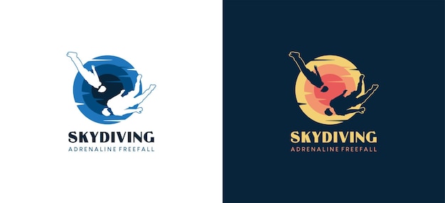 Vector vector silhouette of freefalling person with abstract sun background skydiving sport logo design