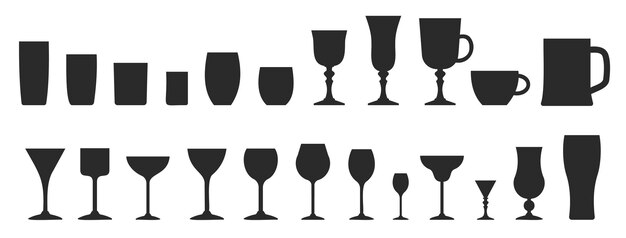 Вектор Коллекция векторного силуэта стекла стеклянная посуда различной формы для алкогольных и безалкогольных напитков