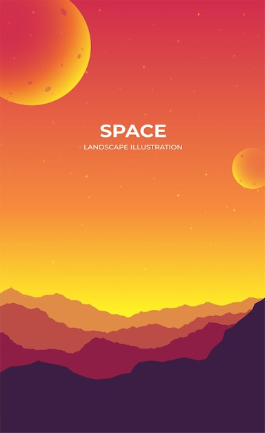 Vector silhouette illustration of mountains against sunset sky with planets