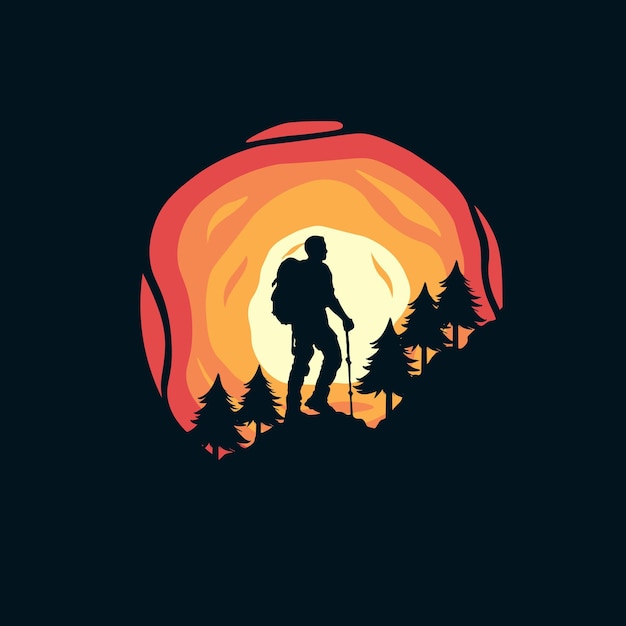 Vector vector silhouette of man hiking on forest background