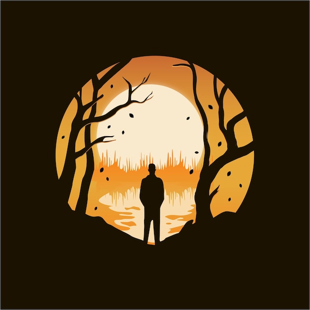 Vector vector silhouette of a man standing looking at the sunset