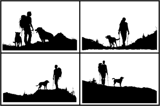 Vector vector silhouette of man with dog white background
