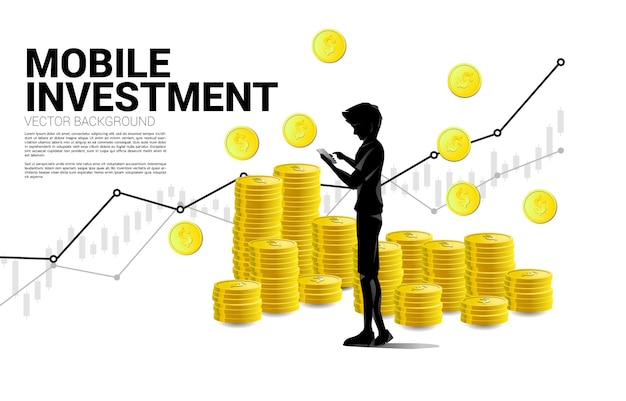 携帯電話と1ドル硬貨のスタックを持つベクトルシルエット男。成功投資とお金投資の概念。