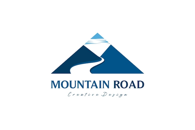 삼각형 개념이 있는 도로 로고 일러스트 디자인이 있는 산의 벡터 실루엣