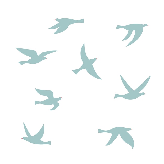 Векторный силуэт стаи птиц. набор изолированных плоских контуров летающих птиц. элемент дизайна для логотипа, печати, карты, флаера, ткани, плаката.