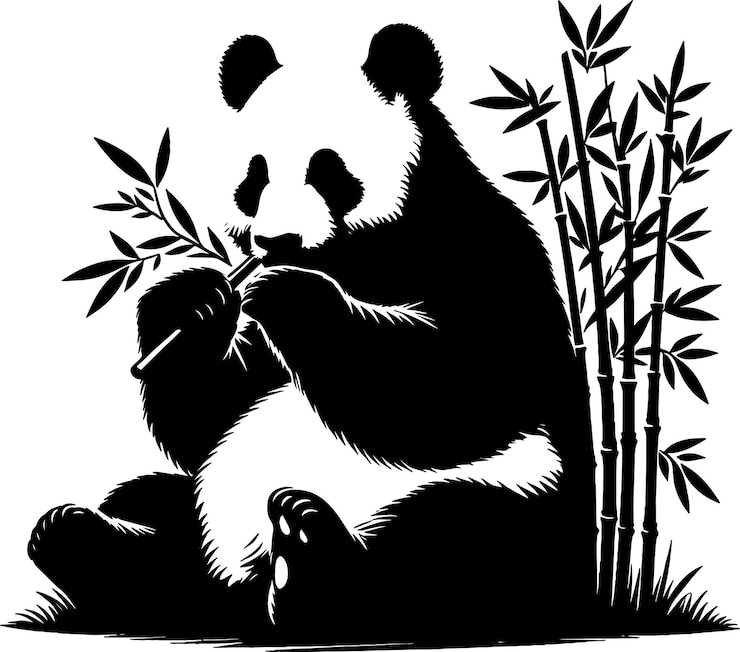 Vector a vector silhouette of a panda sitting and eating bamboo