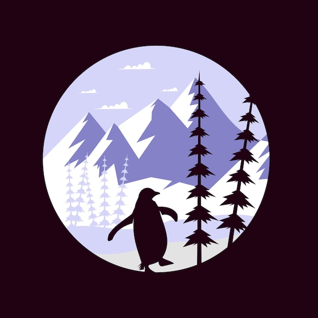 vector silhouette of a penguin under a tree against a background of mountains in winter with snow