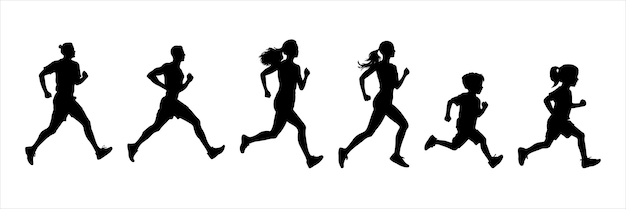 Vector silhouette Runners Joggers Sprinters Male and Female woman child family isolated on white