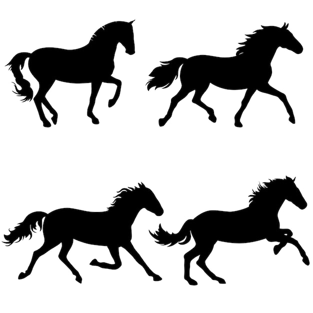 Vector silhouette of running horse isolated black outline set