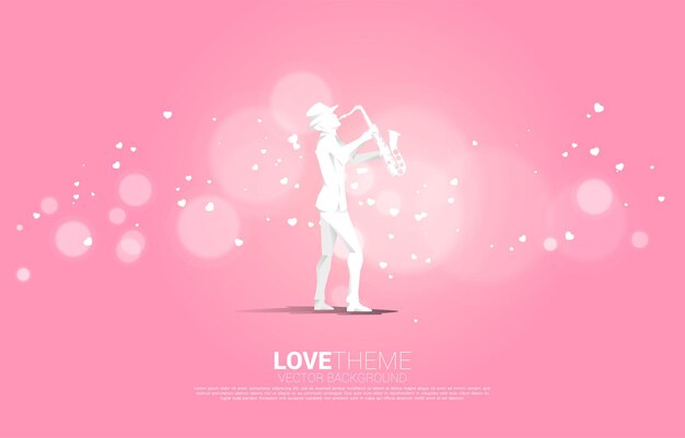 Vector silhouette of saxophonist standing with heart flying . concept background for love song and concert theme.