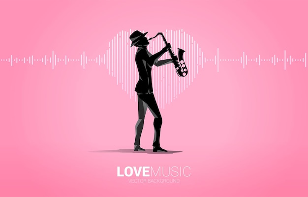 Vettore siluetta di vettore del sassofonista con l'icona del cuore dell'onda sonora sfondo equalizzatore musicale. segnale visivo musica canzone d'amore