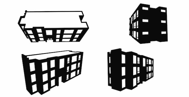 複数のビューを持つ建物の集合住宅のベクトル シルエット セット