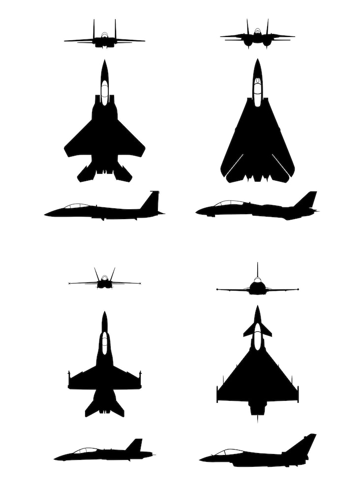 Vector vector silhouette top side and front views of different fighter jet