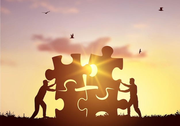 Vector silhouette two men pushing to connect jigsaw puzzle with sunlight and bright sky Creative black symbol of business corporate teamwork to solutions success and strategy concept illustration