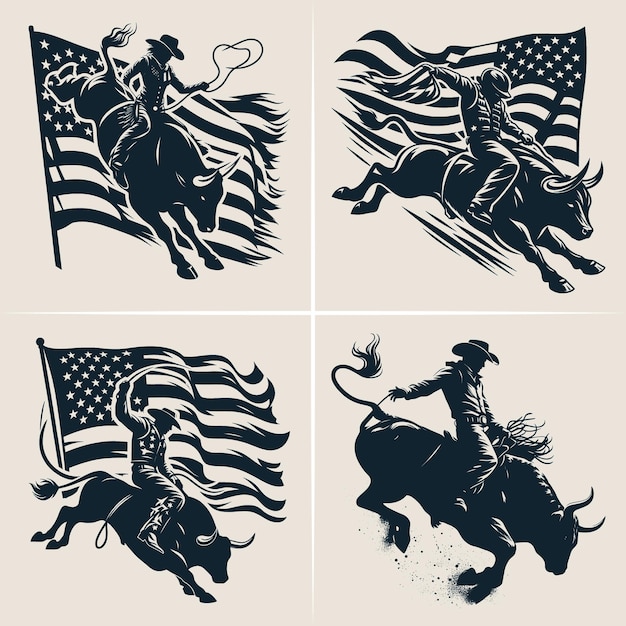 Vector silhouetten van een rodeo cowboy die op een bucking stier rijdt Bull Riding Vector Silhouette