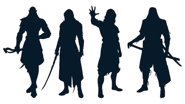 vector silhouettes of fictional characters ninja, samurai, super heroes.