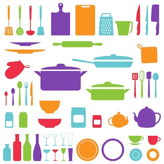 Sagome vettoriali di utensili da cucina e utensili in colore nero