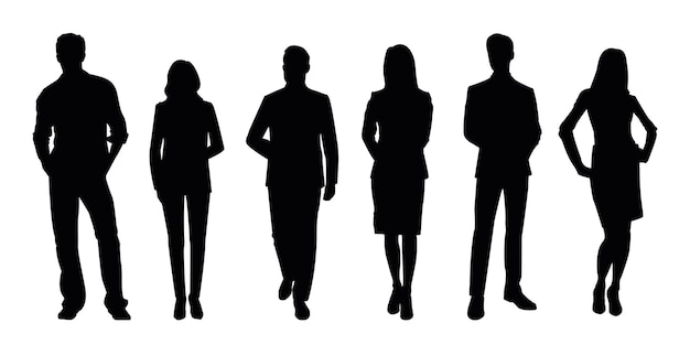 Vector silhouettes of men and a women a group of standing and walking business people black color