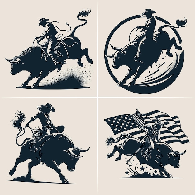 Vector silhouettes of a rodeo cowboy riding a bucking bull Bull Riding Vector Silhouette