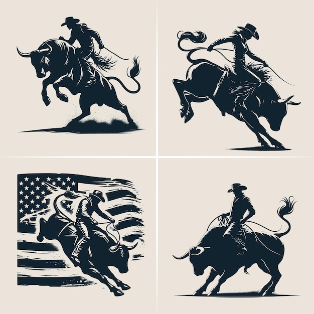 Vector silhouettes of a rodeo cowboy riding a bucking bull bull riding vector silhouette