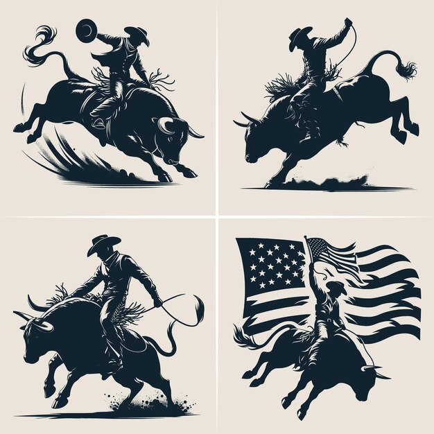 Silhouette vettoriali di un cowboy di rodeo a cavallo di un toro bull riding vector silhouette