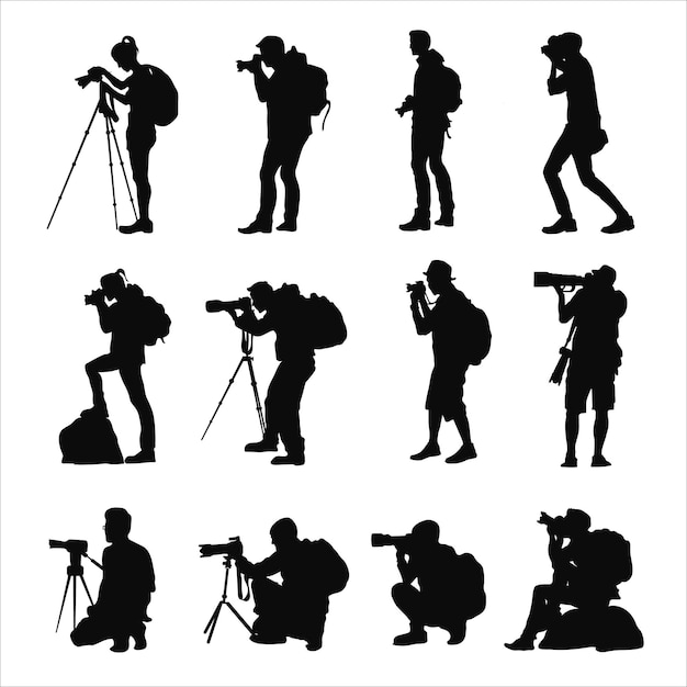 Vector silhouettes set of photographer. capturing image with camera isolated on white background.