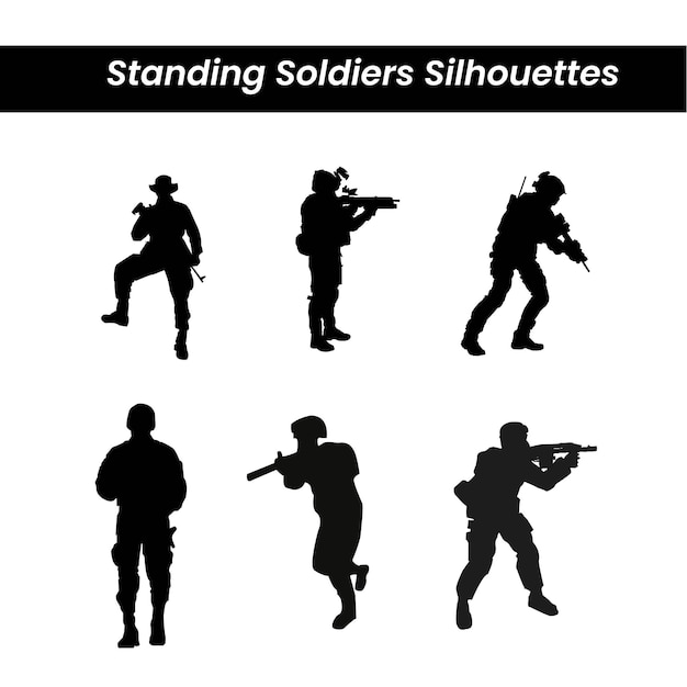 군인들의 터 실루은 총을 들고 앉아 서 있는 것과 같은 다양한 포즈입니다.