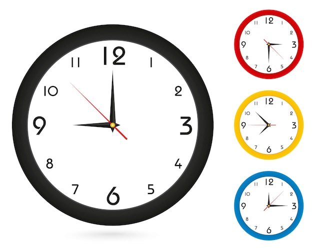 Vector simple classic wall clock, for your clock design. black clock, red clock, yellow clock, blue clock. vector illustration.