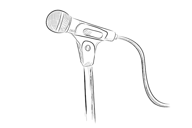 Vector Simple, hand draw sketch wired microphone at stand, Isolated on White