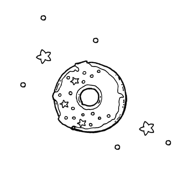 vector simple image of glazed donut with sprinkles and stars, flat black and white icon, sticker