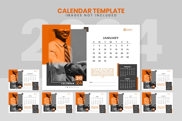 Modello di calendario da scrivania vettoriale semplice e minimalista per 12 mesi per il 2024 con segnaposto di foto aziendale