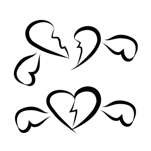 Vector simple set 2 icon love and wing broken heart isolated on white