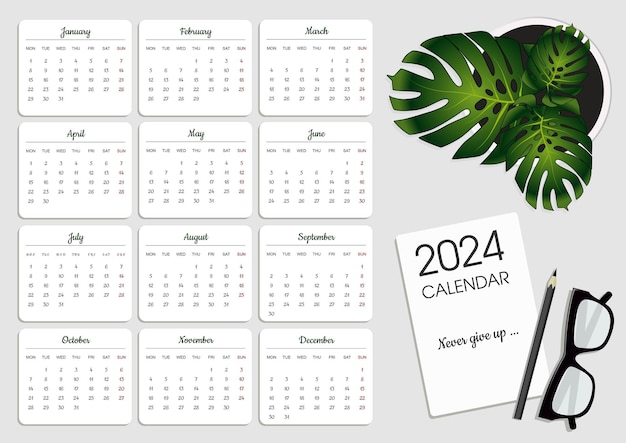 Vector sjabloon van de kalender voor 2024 met een plant en een blad voor aantekeningen