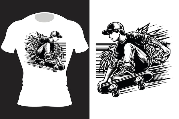 Vector skateboard rider zwart-wit illustratie t-shirt ontwerp Generative Ai