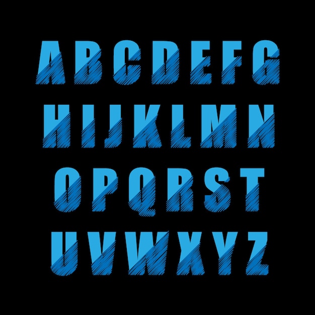 Vector vector sketch alphabet blue colors on black background