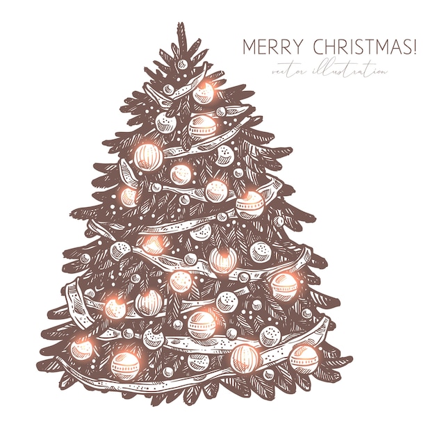 Vector sketch christmas tree with decorations and garland. merry cghristmas and happy new year engraved etching illustration. hand drawn festive holiday symbol