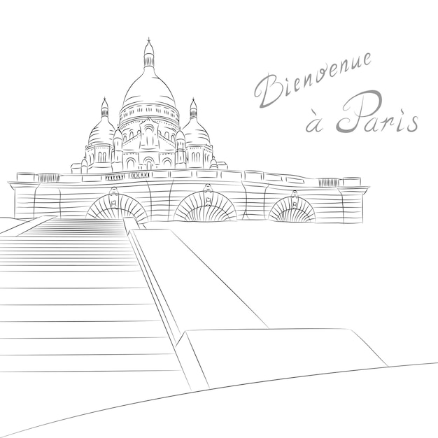 Vector vector sketch of cityscape with sacre coeur in paris