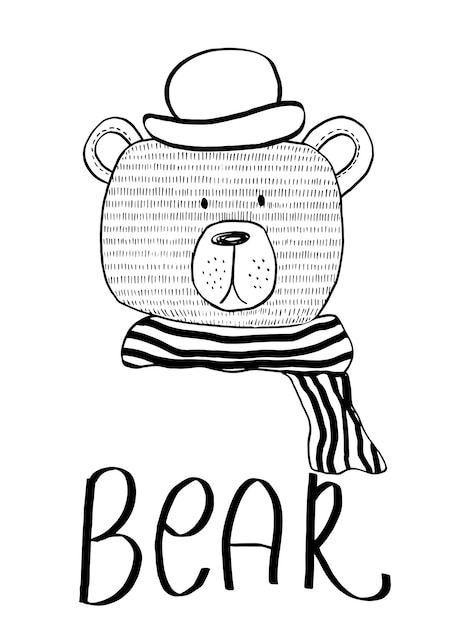 矢量素描可爱的熊在帽子素描黑色和白色