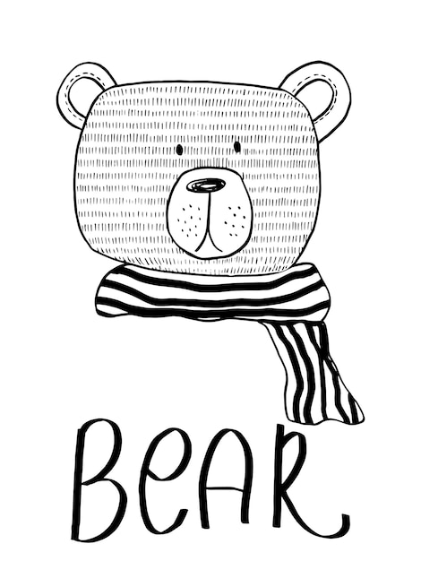Векторный рисунок милый медведь в черно-белом полосатом шарфе