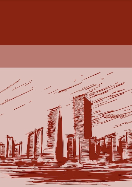 Vector sketch drawing of city buildings using hatching monochromatic background A4 sheet