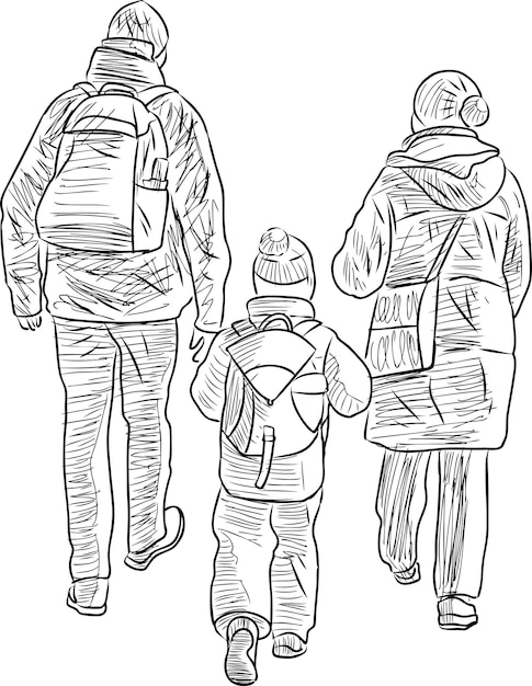 Vector sketch of family casual citizens walking outdoors