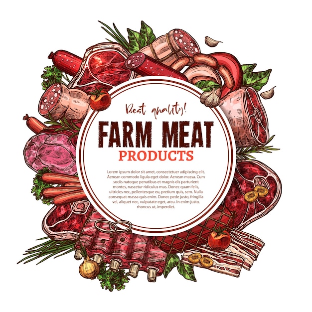 Vector sketch farm fresh meat butchery poster