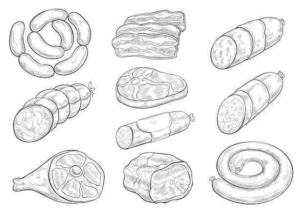 Vector vector sketch icons of butchery meat products