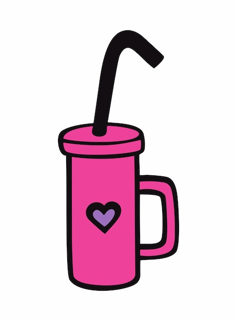 Vector sketch illustration plastic pink cup with tube isolated on white background Violet heart