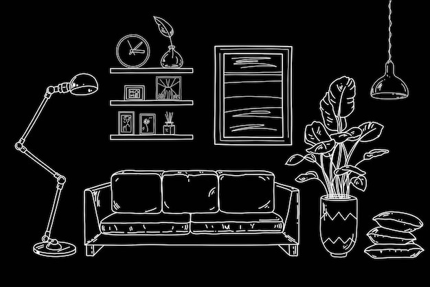 Vector vector sketch of living room interior design with sofa lamp pot home plants pillows frames