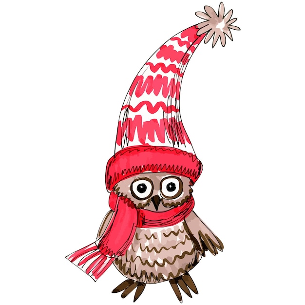 Vector sketch markers illustration of christmas owl